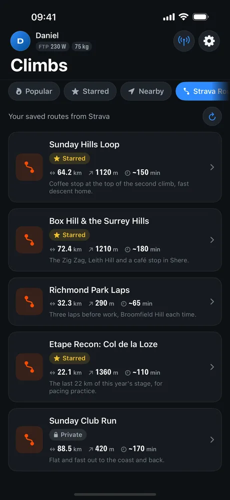 Your saved Strava routes in Tarmac